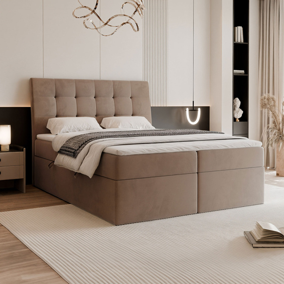 Tapicerowane łóżko kontynentalne BAILEY 180x200 cm dwuosobowe z materacem i topperem