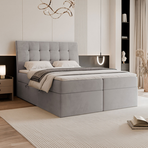 Szare tapicerowane łóżko kontynentalne BAILEY 140x200 cm dwuosobowe z materacem i topperem