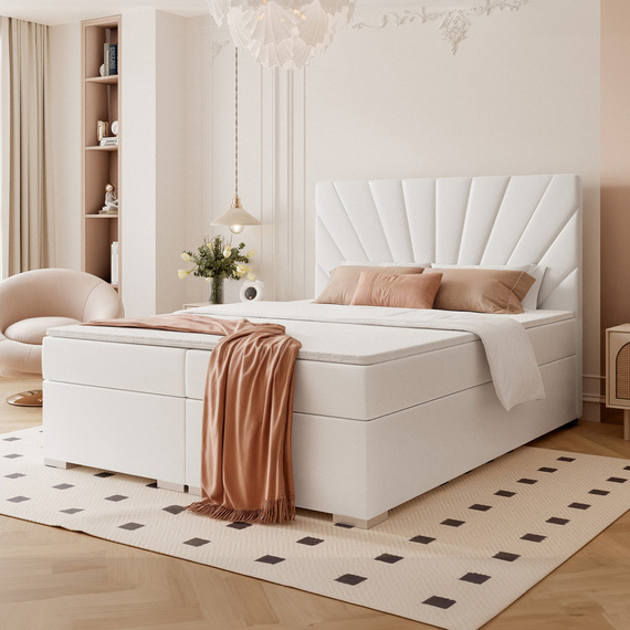 Białe łóżko tapicerowane do sypialni OASIS 200x200 cm z materacem bonellowym i topperem