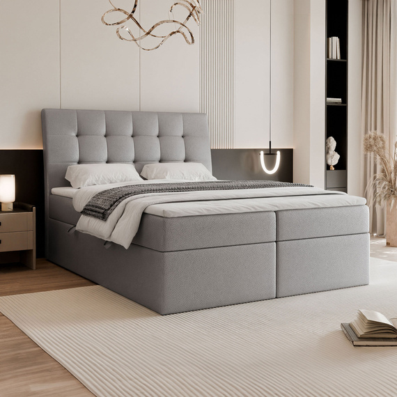 Szare łóżko kontynentalne z eko skóry BAILEY 160x200 cm dwuosobowe z materacem i topperem