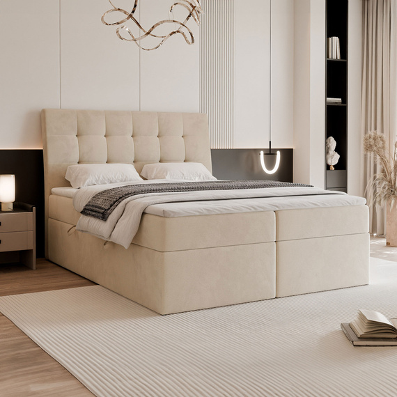 Beżowe łóżko kontynentalne tapicerowane BAILEY 180x200 cm dwuosobowe z materacem i topperem