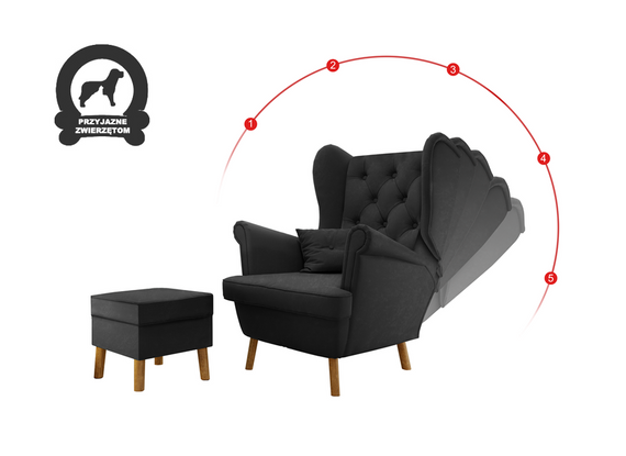 Fotel Uszak Ciemnoszary Petproof Regulowany z podnóżkiem 2w1 Classic zoya 10