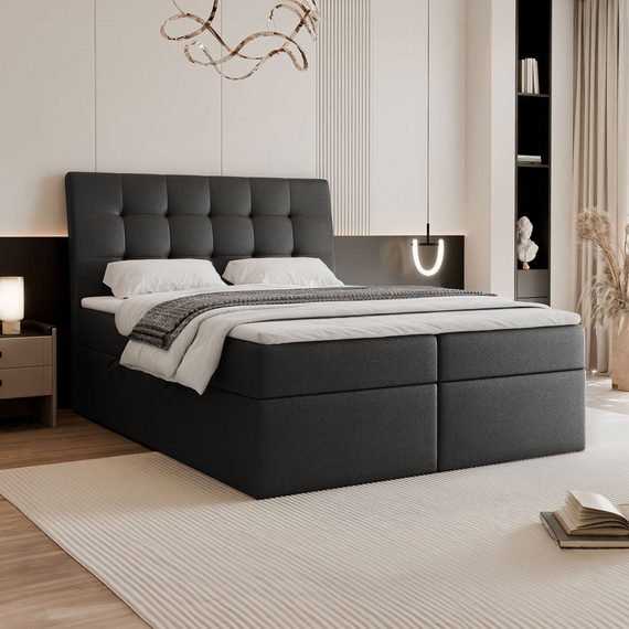 Czarne łóżko kontynentalne tapicerowane BAILEY 140x200 cm dwuosobowe z materacem i topperem
