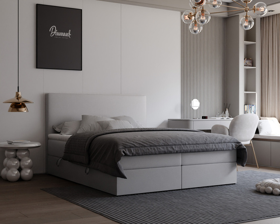 Szare łóżko kontynentalne do sypialni GIULIA 180x200 cm z materacem bonellowym i topperem