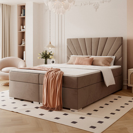 Brązowe łóżko tapicerowane do sypialni OASIS 200x200 cm z materacem bonellowym i topperem
