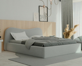 Szare łóżko dwuosobowe COZY 160x200 cm tapicerowane z drewnianym stelażem i schowkiem na pościel