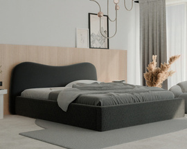 Czarne łóżko tapicerowane COZY dwuosobowe 140x200 cm z drewnianym stelażem i pojemnikiem na pościel