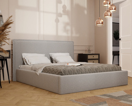Szare łóżko sypialniane COFY 160x200 cm dwuosobowe z drewnianym stelażem i schowkiem na pościel