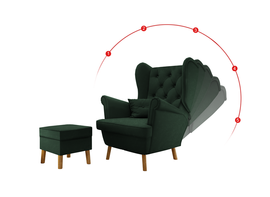 Fotel Uszak Zielony Regulowany z podnóżkiem 2w1 Classic Amor Velvet 4311