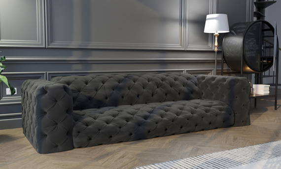 Ciemnoszara pikowana sofa czterosobowa chesterfield elegancki styl i wysoka jakość - Royal