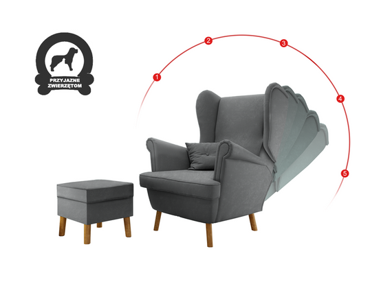 Fotel Uszak Jasnoszary Petproof Regulowany z podnóżkiem 2w1 Classic Gładki zoya 12