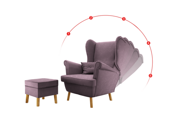 Fotel Uszak Pudrowy Róż Regulowany z podnóżkiem 2w1 Classic Gładki Amor Velvet 4308