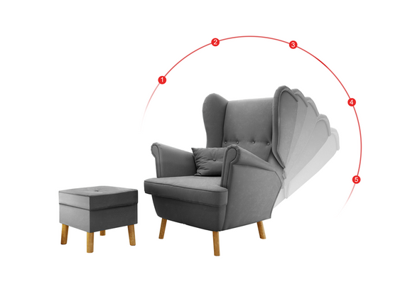 Fotel Uszak Srebny Regulowany z podnóżkiem 2w1 Classic 4 Guziki Amor Velvet 4318