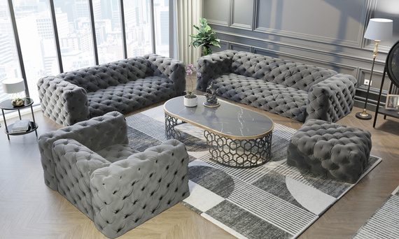 Jasnoszara pikowana sofa trzyosobowa chesterfield elegancki styl i wysoka jakość - Royal