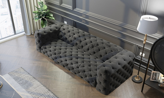 Szara pikowana sofa czterosobowa chesterfield elegancki styl i wysoka jakość - Royal