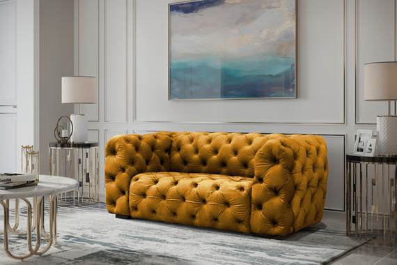 Żółta pikowana sofa dwuosobowa chesterfield elegancki styl i wysoka jakość - Royal